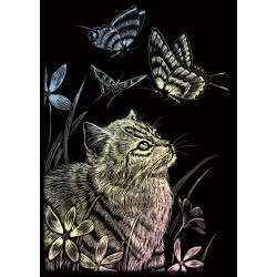 Seškrabovací obrázek - mini - Hologramický - Kočka s motýlem 18x14 cm
