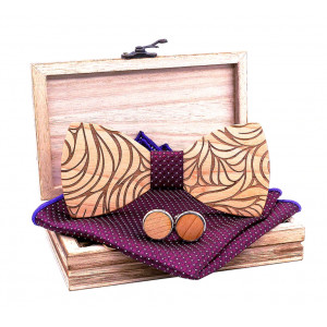 Dřevěný motýlek s kapesníčkem a manžetovými knoflíčky 709206