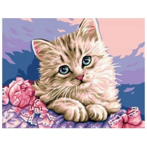 Diamantový obrázek -Kotě na fialovém polštáři 30x40cm
