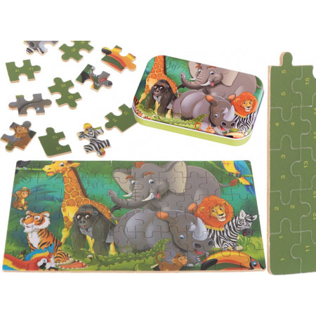 KIK Dřevěné puzzle v plechové krabičce Slon 60 dílků